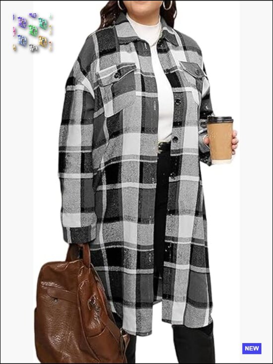 Jackets & Blazers - Plus Size Plaid Flannel Shacket Long Shirts Jacket Oversized Coat Fall Outfits